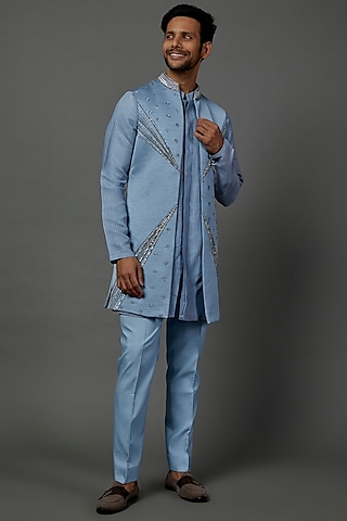 Powder Blue Jacquard Embellished Indowestern Set by Contrast By Parth