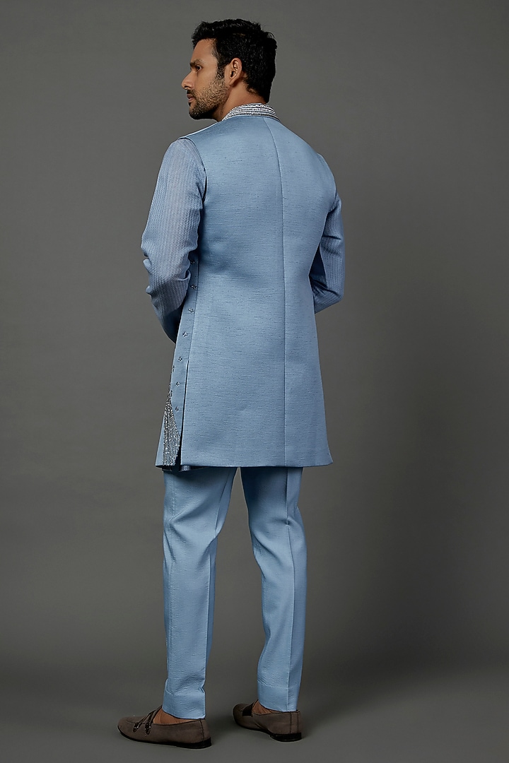 Powder Blue Jacquard Embellished Wedding Indowestern Set by Contrast By Parth at Pernia's Pop Up Shop