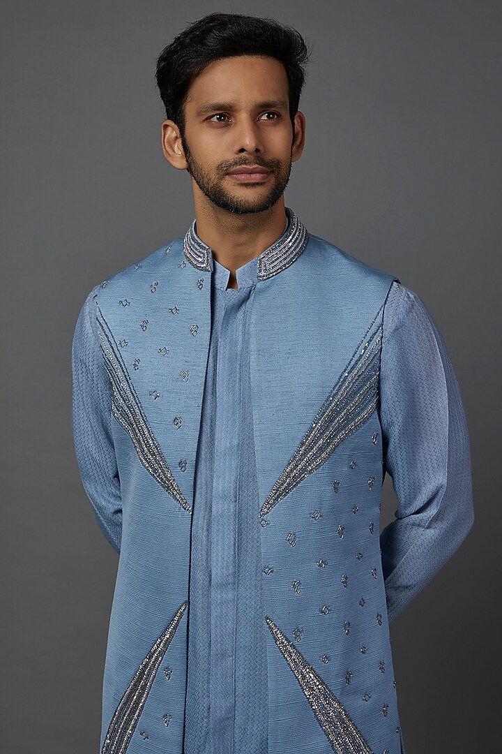 Powder Blue Jacquard Embellished Wedding Indowestern Set by Contrast By Parth at Pernia's Pop Up Shop
