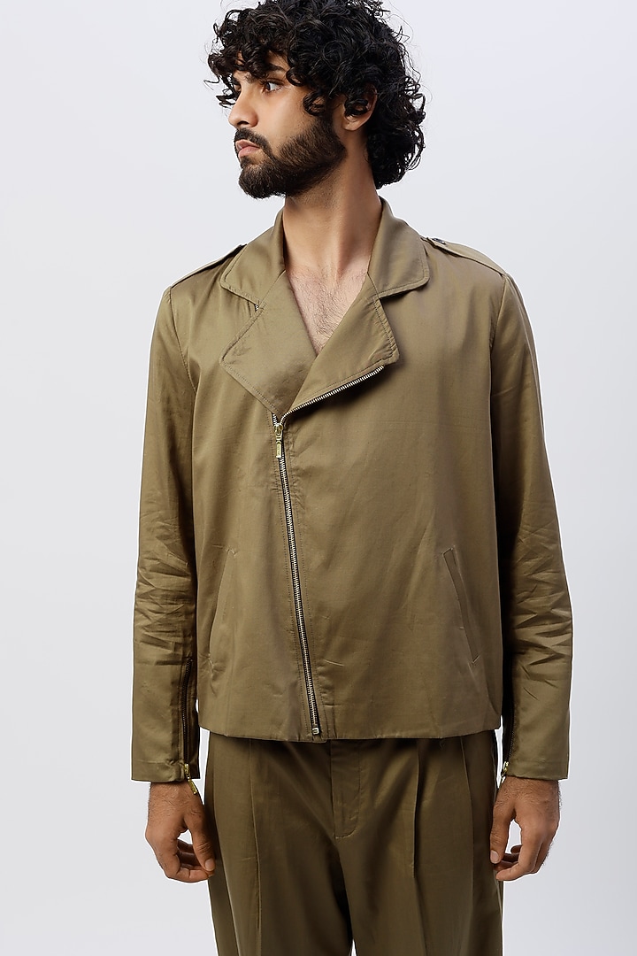 Olive Green Pure Egyptian Cotton Jacket by The Circus by Sana Shah Bhattad Men at Pernia's Pop Up Shop