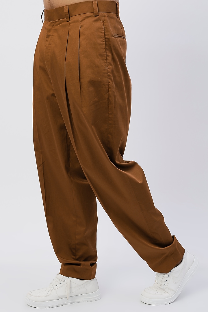 Brown Pure Egyptian Cotton Pleated Cargo Pants by The Circus by Sana Shah Bhattad Men at Pernia's Pop Up Shop