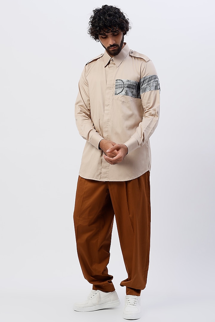 Brown Cotton Printed Pleated Pant Set by The Circus by Sana Shah Bhattad Men