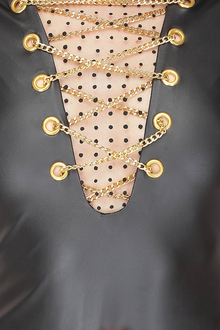 Carousel by Simran Arya presents Black and gold chains detailing 'I see you now' bodysuit available only at Pernia's Pop Up Shop.
