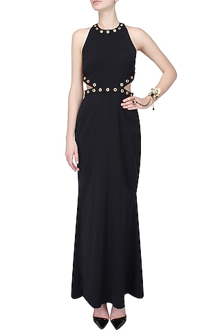 Navy blue rivet halter neck gown by Carousel By Simran Arya