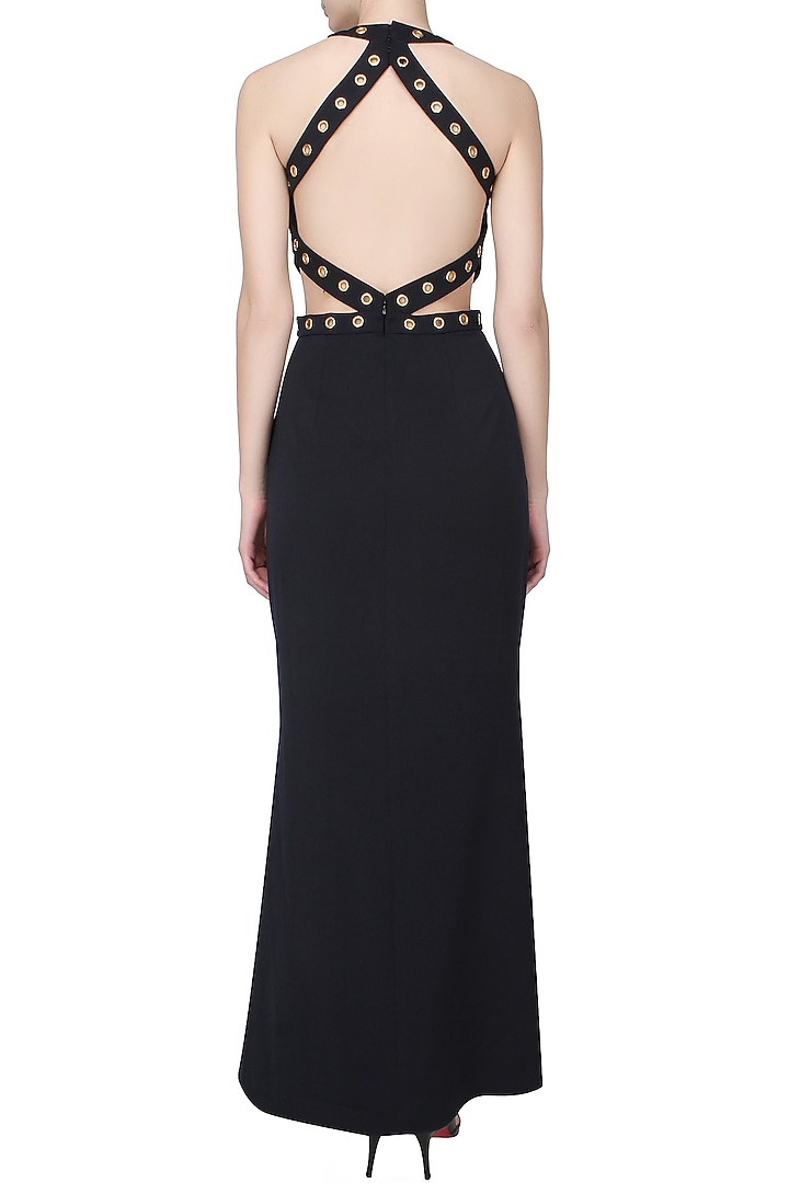 Carousel by Simran Arya presents Navy blue rivet halter neck gown available only at Pernia's Pop Up Shop.