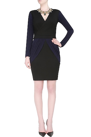 Black and navy chic affair drape panel bodycon dress by Carousel By Simran Arya
