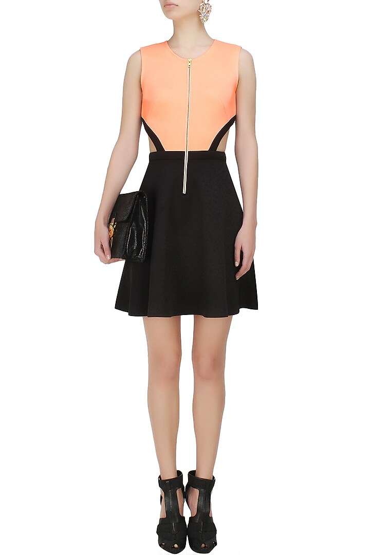Carousel by Simran Arya presents Neon peach and black cutout sport skater dress available only at Pernia's Pop Up Shop.