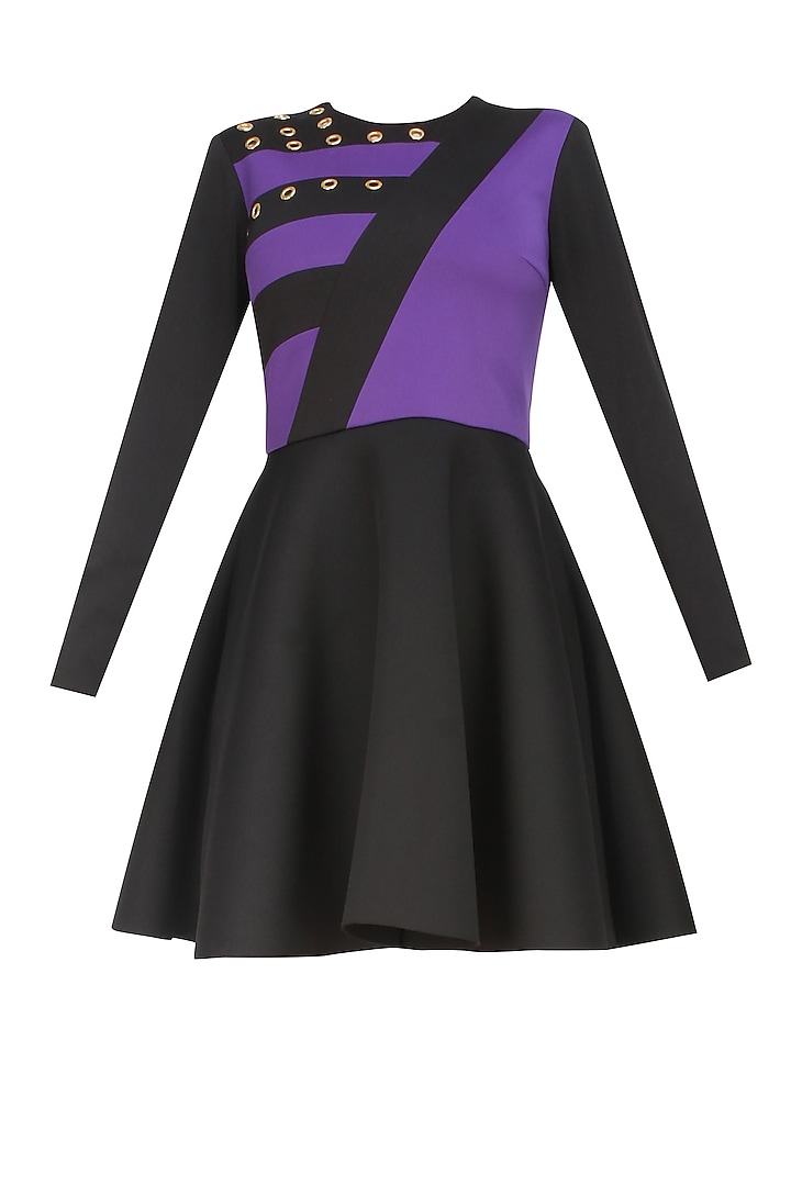 Black and purple'Lets play' colour block skater dress by Carousel By Simran Arya