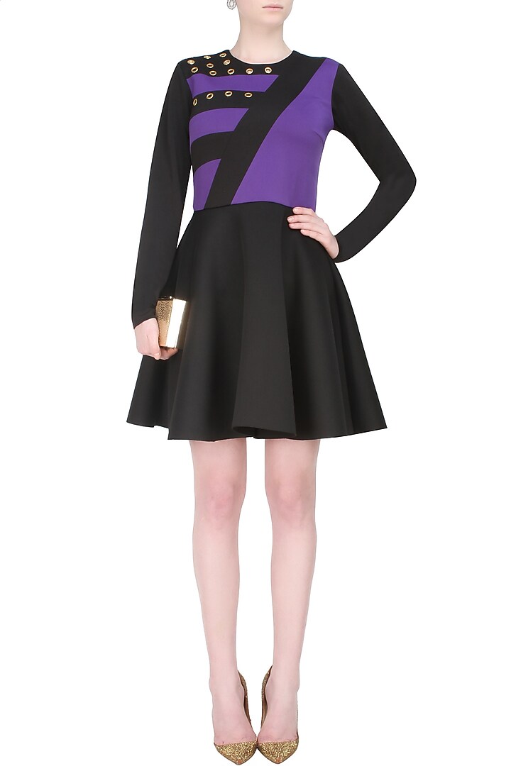 Carousel by Simran Arya presents Black and purple'Lets play' colour block skater dress available only at Pernia's Pop Up Shop.