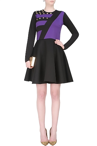 Black and purple'Lets play' colour block skater dress by Carousel By Simran Arya