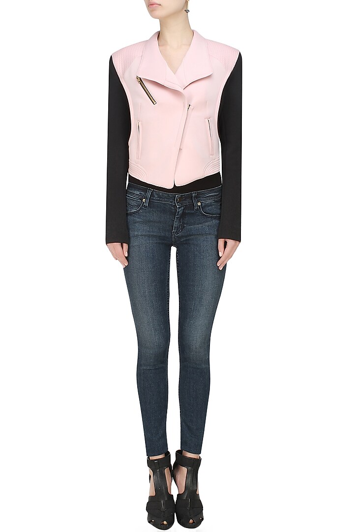 Carousel by Simran Arya presents Baby pink and black Biker babe milano jacket available only at Pernia's Pop Up Shop.