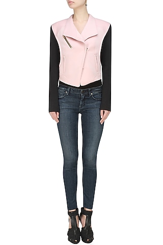 Baby pink and black Biker babe milano jacket by Carousel By Simran Arya