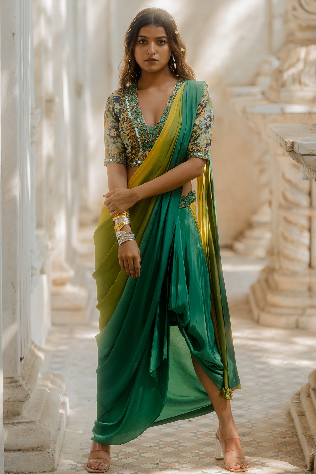 Pista Green Silk Mirror Cutwork Embroidered Pre-Draped Dhoti Saree Set  Design by Nupur Kanoi at Pernia's Pop Up Shop 2024