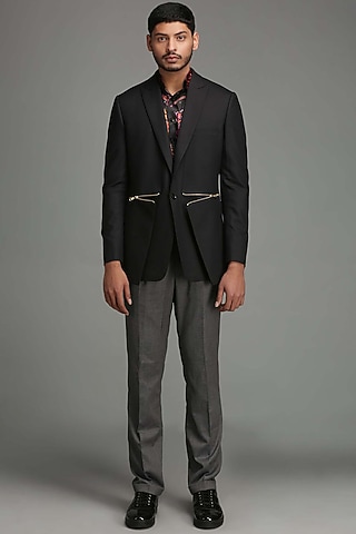 Black Woolen Blend Blazer by Chatenya Mittal
