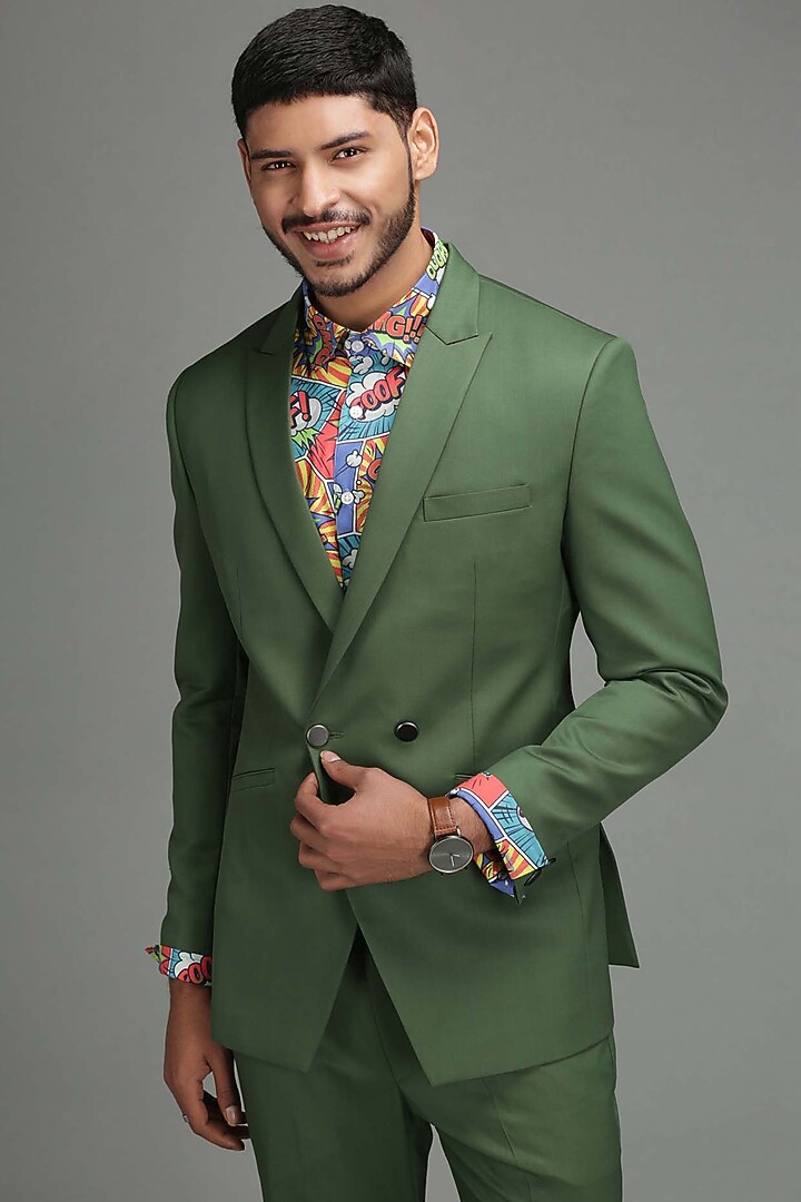 Green Woolen Blend Blazer Set by Chatenya Mittal at Pernia's Pop Up Shop