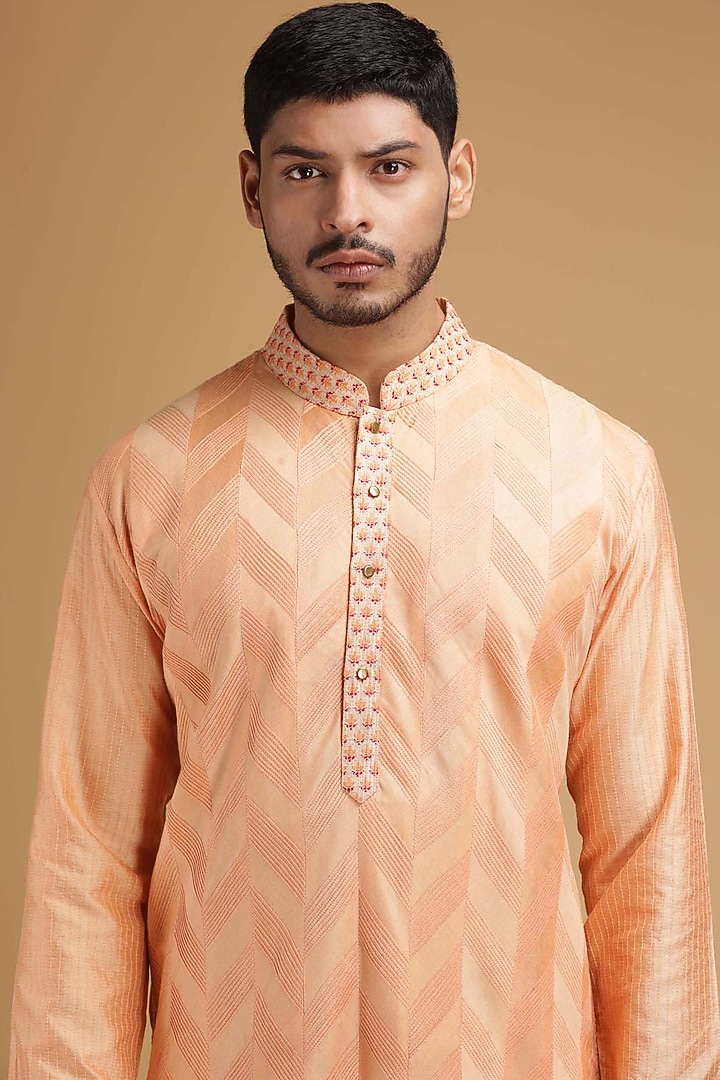 Dark Peach Cotton Silk Pintuck Chevron Kurta Set by Chatenya Mittal at Pernia's Pop Up Shop