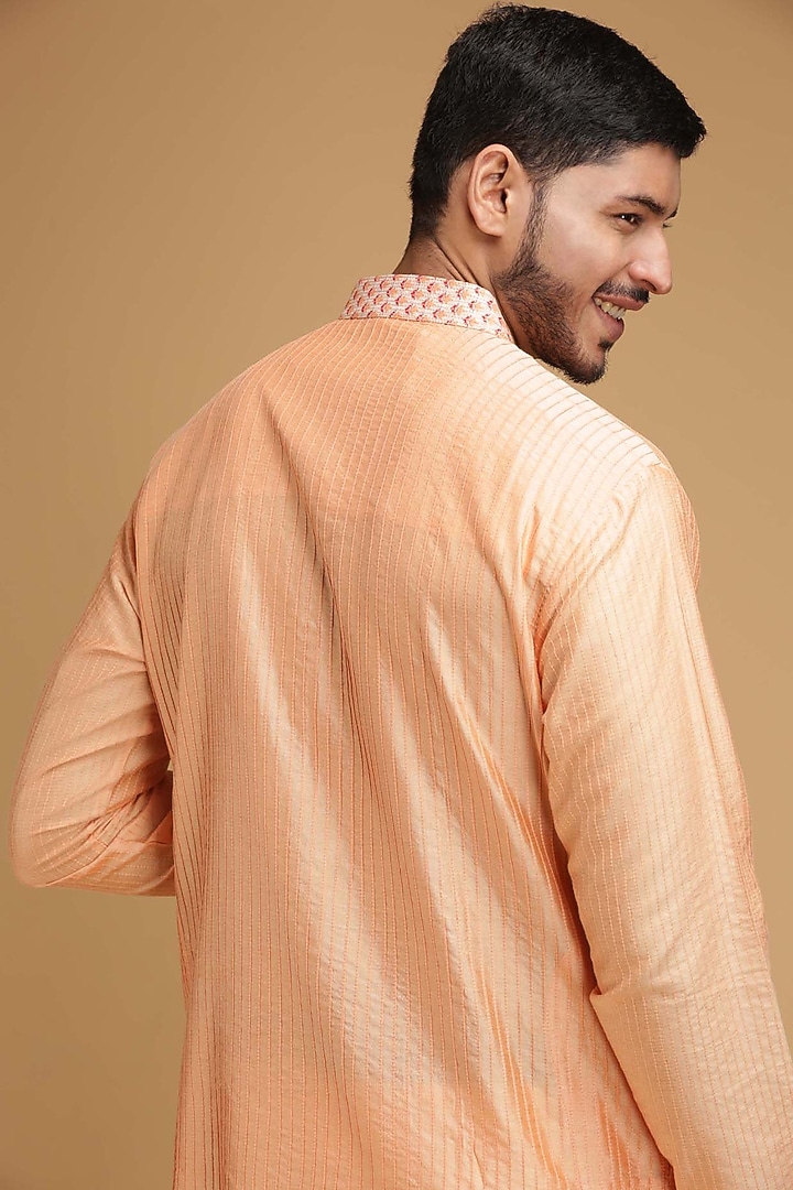 Dark Peach Cotton Silk Pintuck Chevron Kurta Set by Chatenya Mittal at Pernia's Pop Up Shop