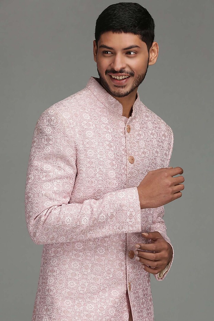 Light Pink Geometric Embroidered Wedding Sherwani Set by Chatenya Mittal at Pernia's Pop Up Shop