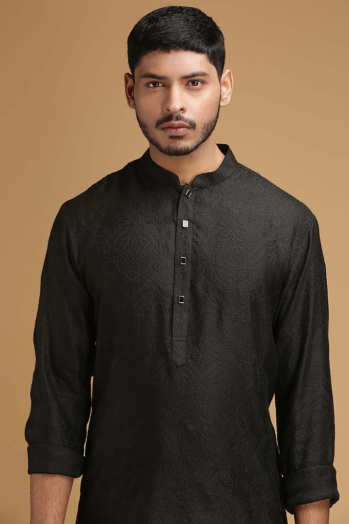 Black Cotton Silk Kurta by Chatenya Mittal at Pernia's Pop Up Shop