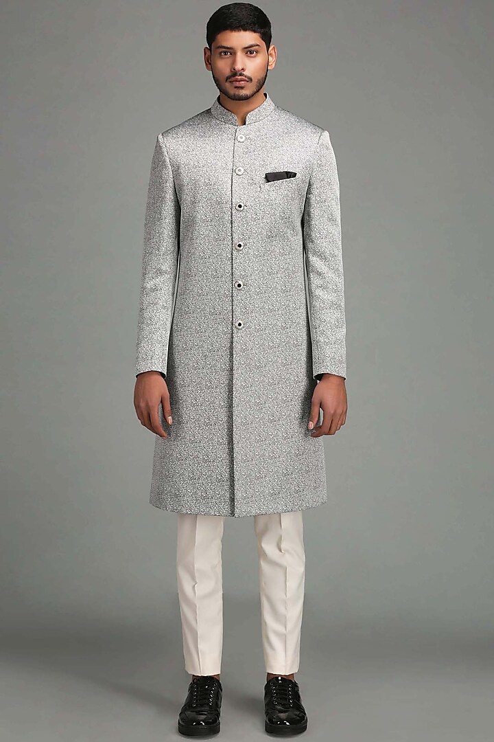 Grey Achkan Jacket Set by Chatenya Mittal