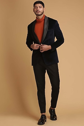 Navy Blue Blazer With Shawl Lapel by Chatenya Mittal