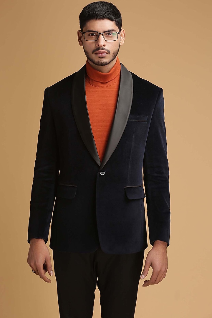 Navy Blue Blazer With Shawl Lapel by Chatenya Mittal at Pernia's Pop Up Shop