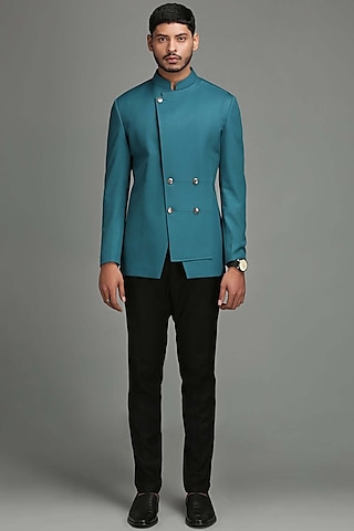 Blue Angrakha Bandhgala Jacket by Chatenya Mittal