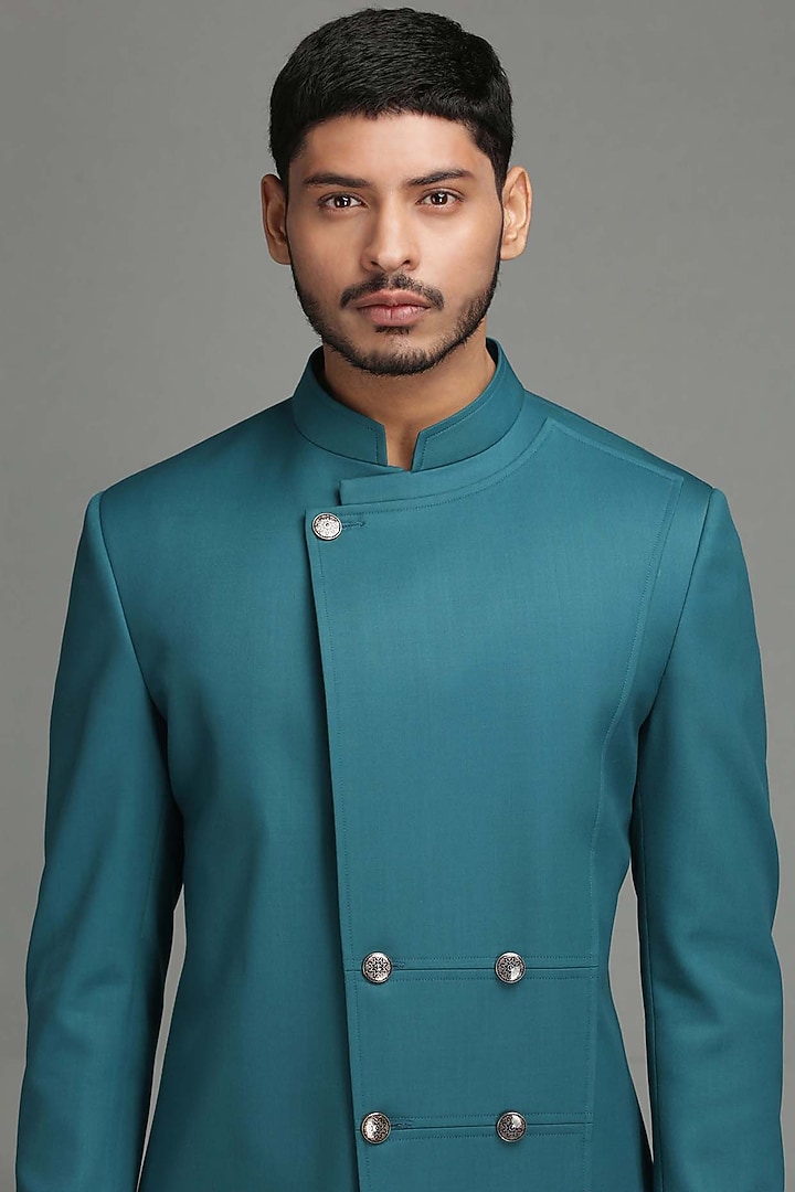 Blue Angrakha Bandhgala Jacket by Chatenya Mittal at Pernia's Pop Up Shop