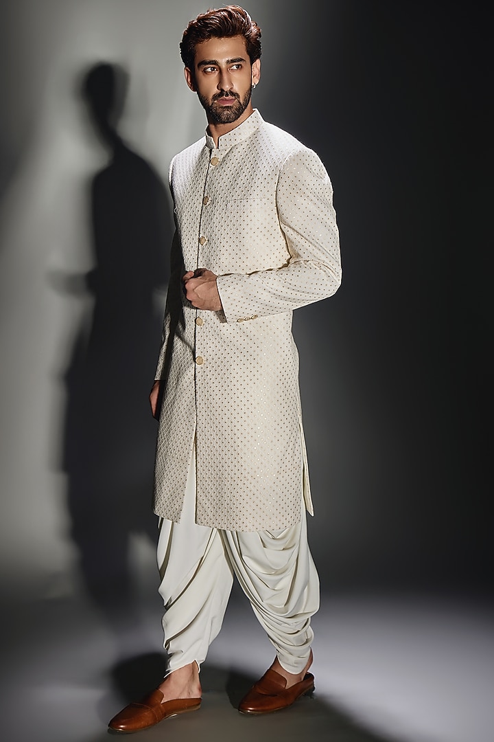 Light Cream Georgette Embroidered Wedding Sherwani Set by Chatenya Mittal at Pernia's Pop Up Shop