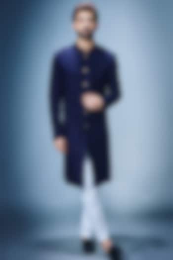 Navy Blue Georgette Cutdana Embroidered Wedding Sherwani Set by Chatenya Mittal at Pernia's Pop Up Shop