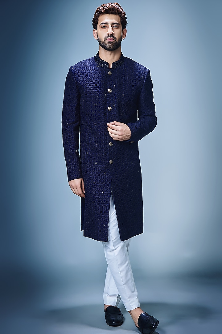 Buy Chatenya Mittal Navy Blue Georgette Embroidered Sherwani Set at ...