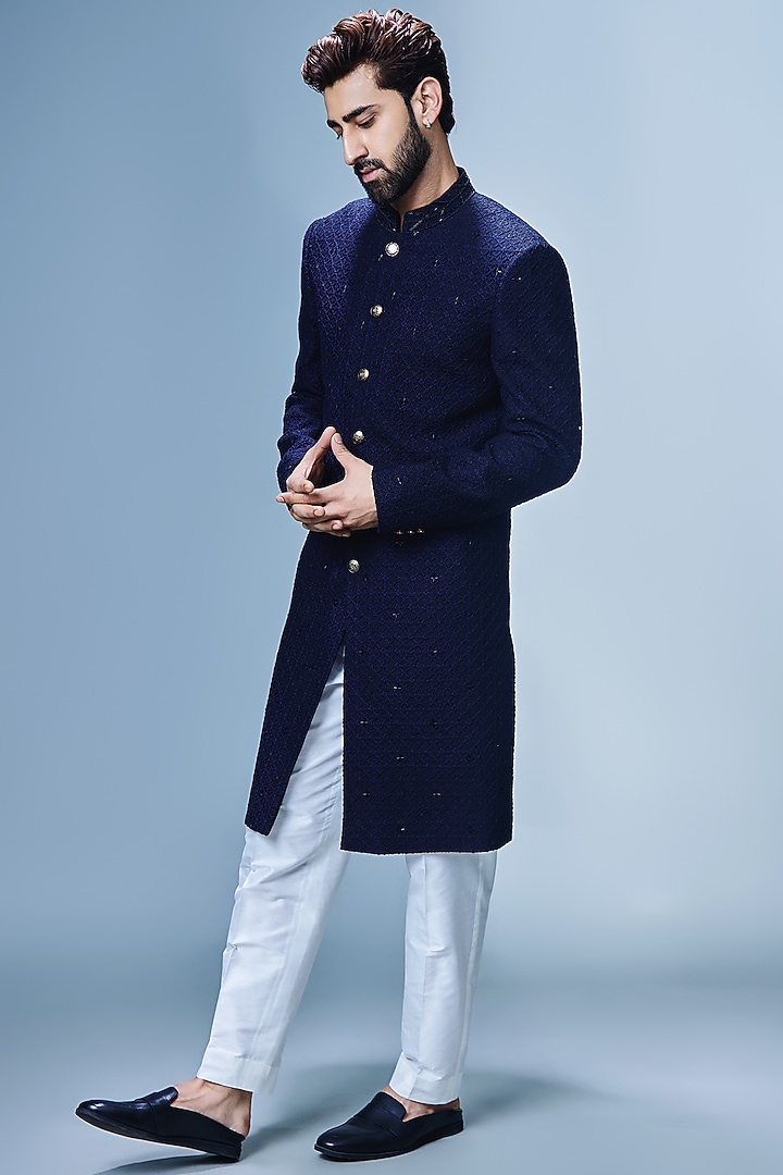 Navy Blue Georgette Cutdana Embroidered Wedding Sherwani Set by Chatenya Mittal at Pernia's Pop Up Shop