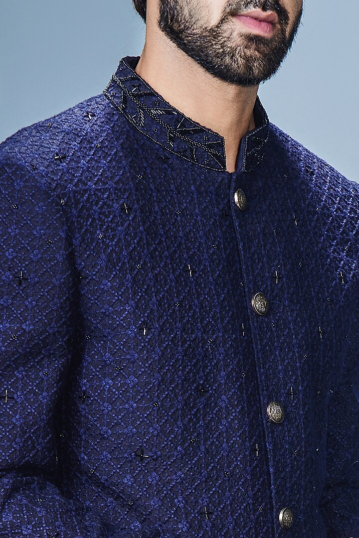 Navy Blue Georgette Cutdana Embroidered Wedding Sherwani Set by Chatenya Mittal at Pernia's Pop Up Shop