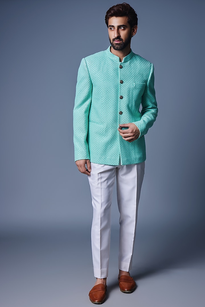 Sea Green Georgette Embroidered Wedding Bandhgala Set by Chatenya Mittal at Pernia's Pop Up Shop