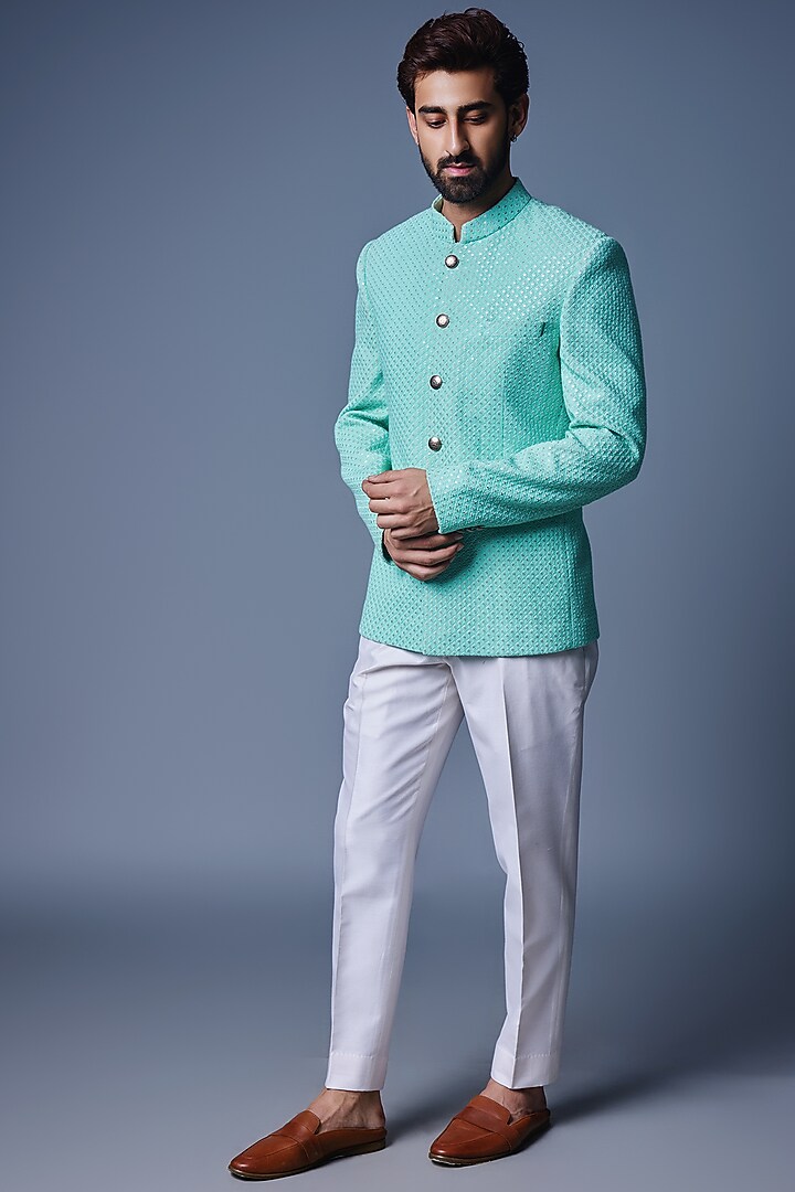 Sea Green Georgette Embroidered Wedding Bandhgala Set by Chatenya Mittal at Pernia's Pop Up Shop