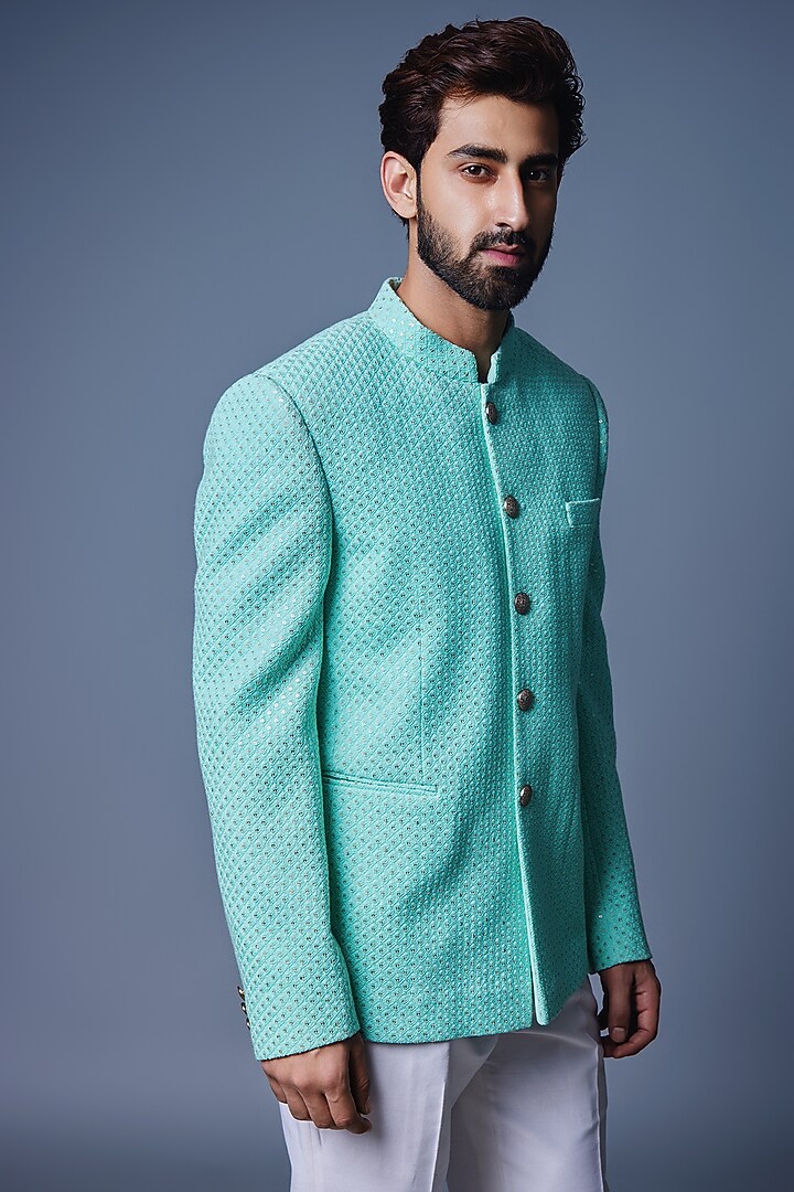 Sea Green Georgette Embroidered Wedding Bandhgala Set by Chatenya Mittal at Pernia's Pop Up Shop