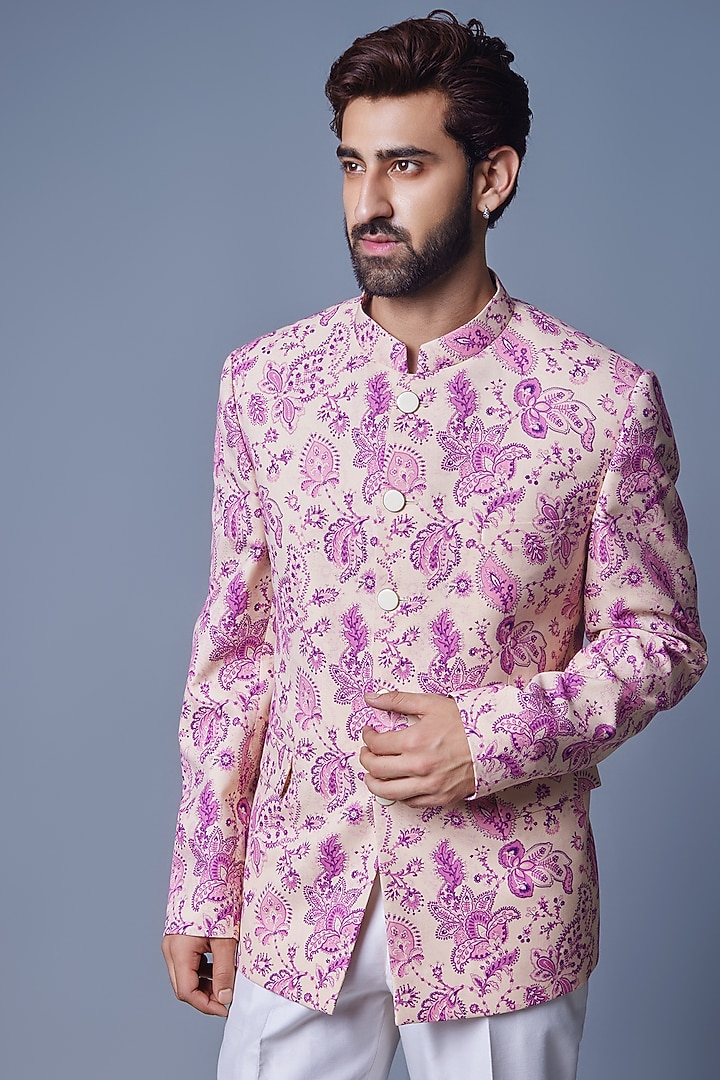 Cream Wool Blend Printed Wedding Bandhgala Set by Chatenya Mittal at Pernia's Pop Up Shop