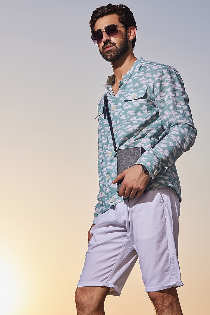 Blue Linen Printed Shacket by Chatenya Mittal at Pernia's Pop Up Shop