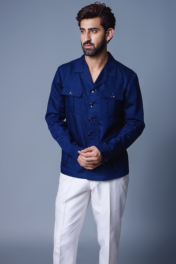 Navy Blue Linen Shacket by Chatenya Mittal at Pernia's Pop Up Shop
