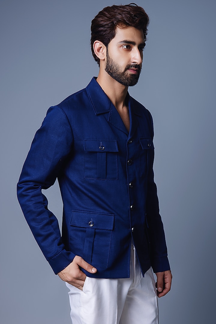 Navy Blue Linen Shacket by Chatenya Mittal at Pernia's Pop Up Shop