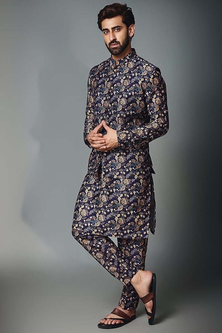 Blue Cotton Silk Printed Nehru Jacket Set  by Chatenya Mittal