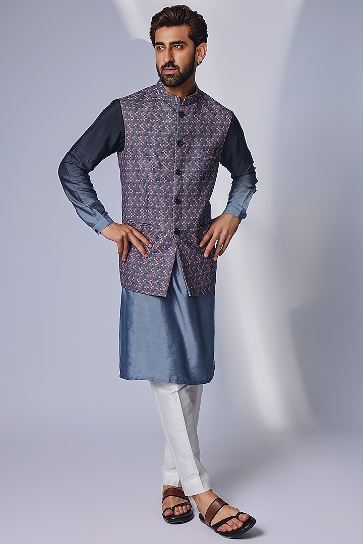 Grey Linen Printed Nehru Jacket Set by Chatenya Mittal