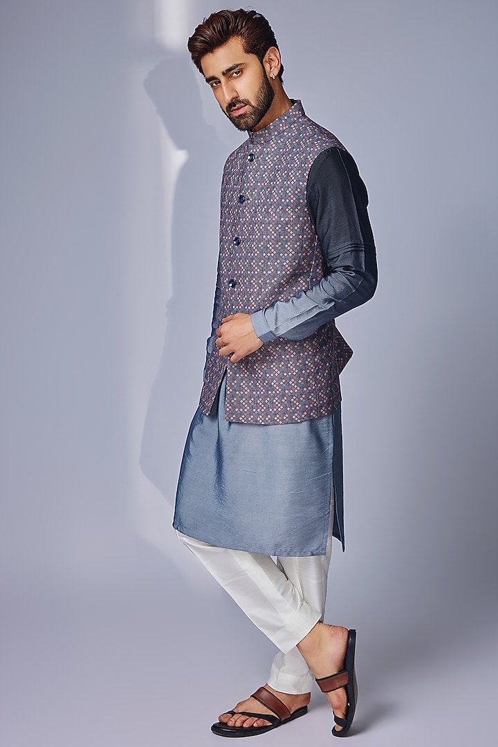 Grey Linen Printed Nehru Jacket Set by Chatenya Mittal at Pernia's Pop Up Shop