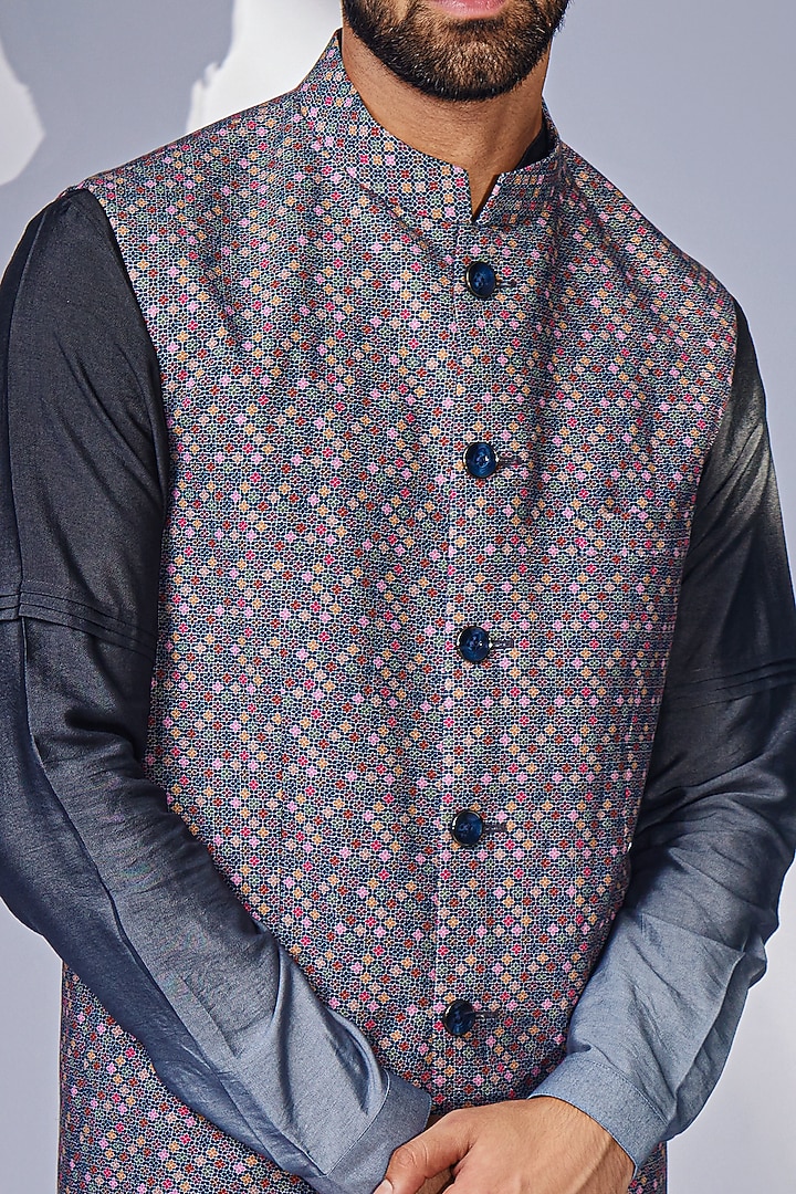 Grey Linen Printed Nehru Jacket Set by Chatenya Mittal at Pernia's Pop Up Shop