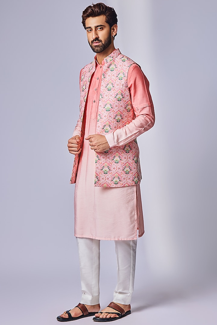 Pink Silk Blend Printed Nehru Jacket Set by Chatenya Mittal