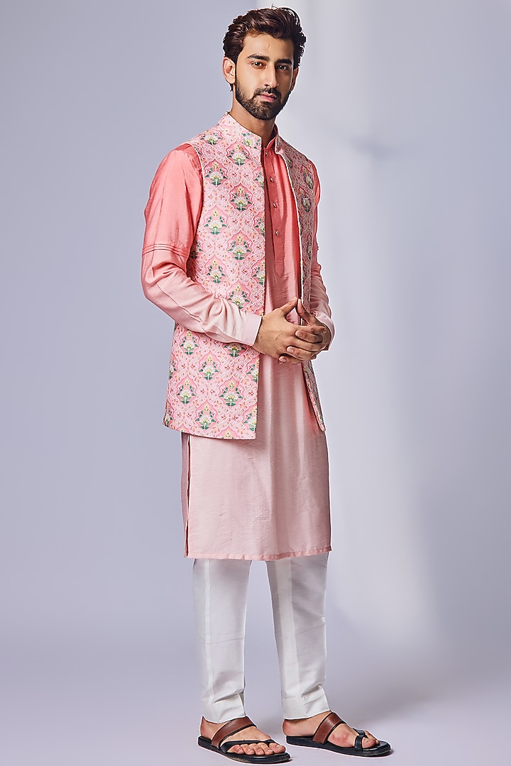 Pink Silk Blend Printed Nehru Jacket Set by Chatenya Mittal at Pernia's Pop Up Shop