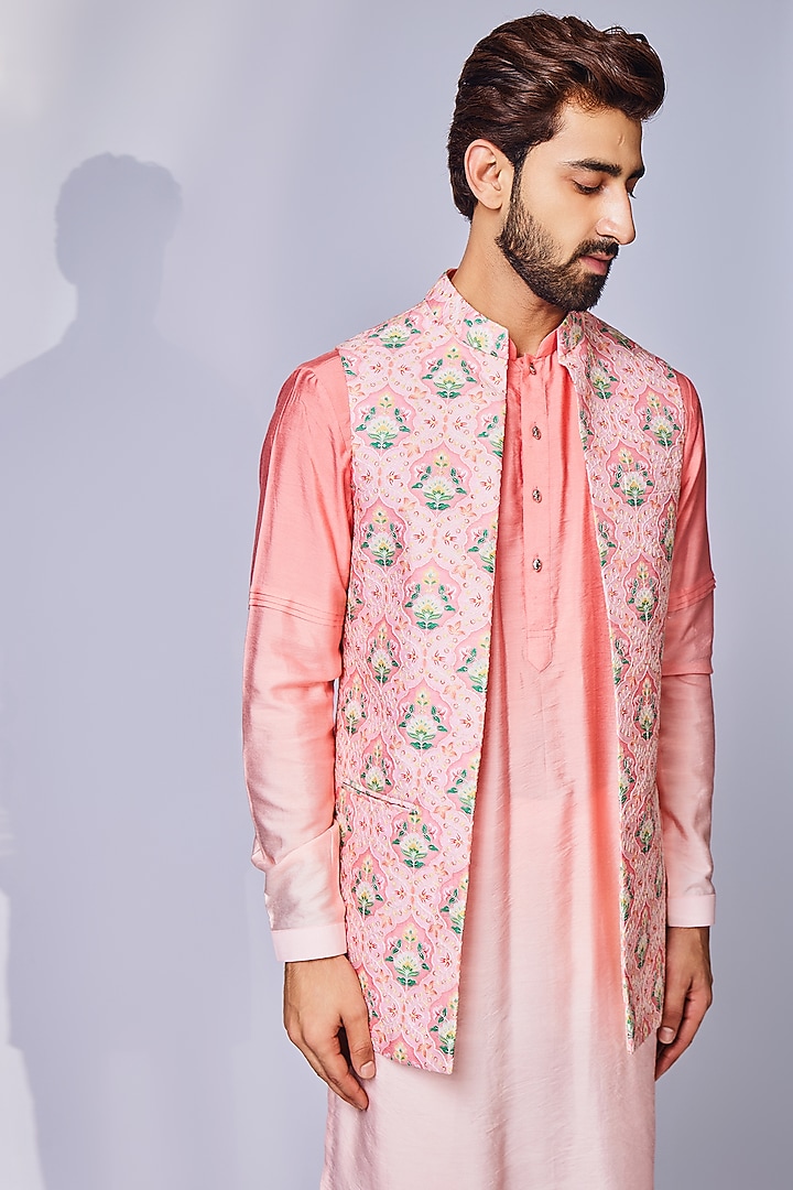 Pink Silk Blend Printed Nehru Jacket Set by Chatenya Mittal at Pernia's Pop Up Shop
