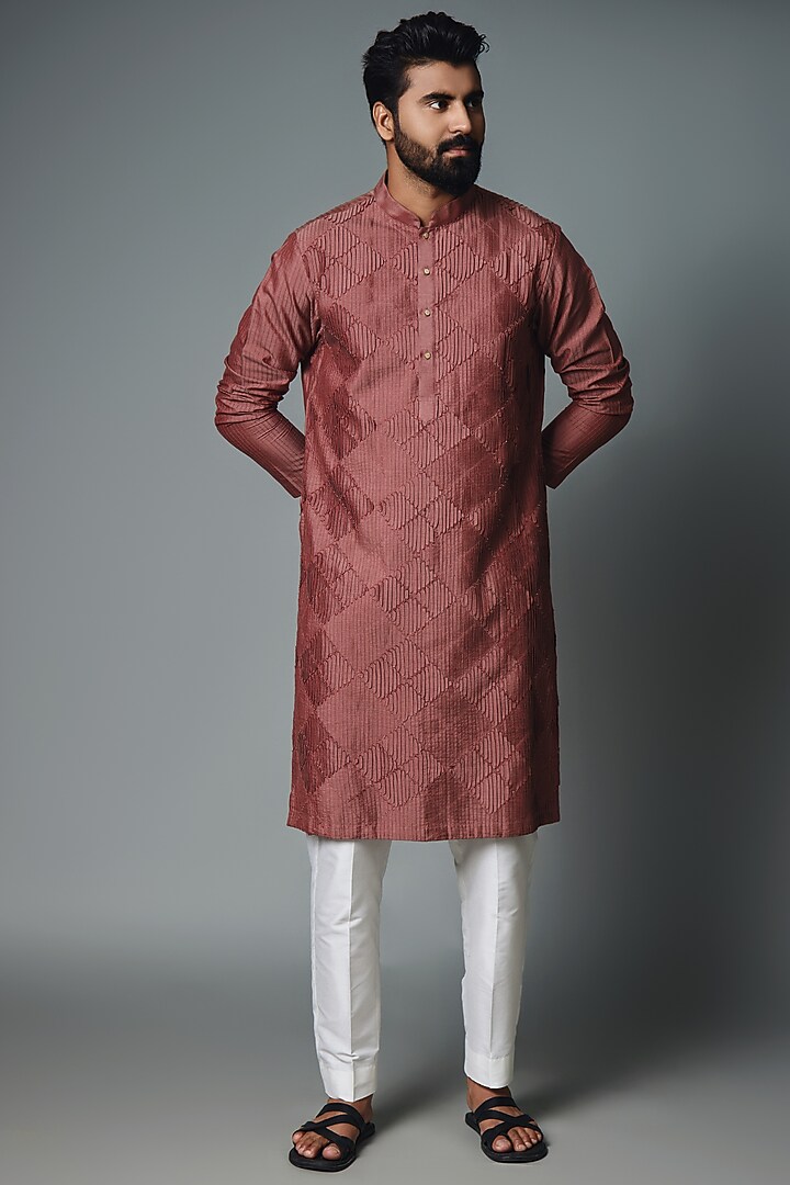 Brown Cotton Silk Pintuck Kurta Set by Chatenya Mittal at Pernia's Pop Up Shop