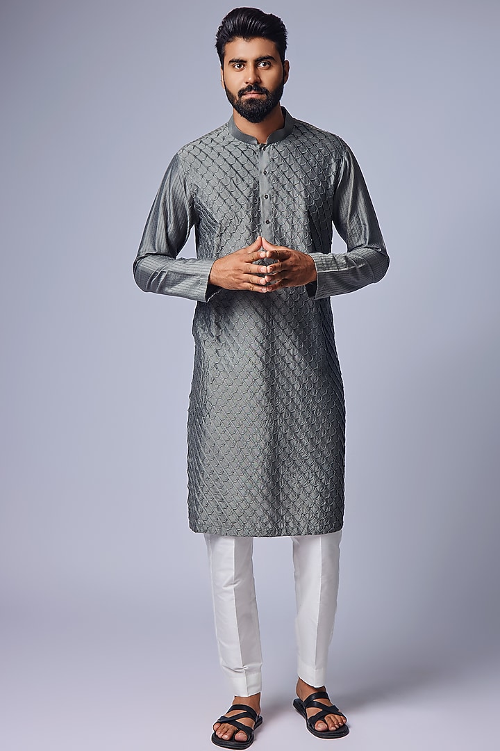Grey Cotton Silk Kurta Set by Chatenya Mittal at Pernia's Pop Up Shop