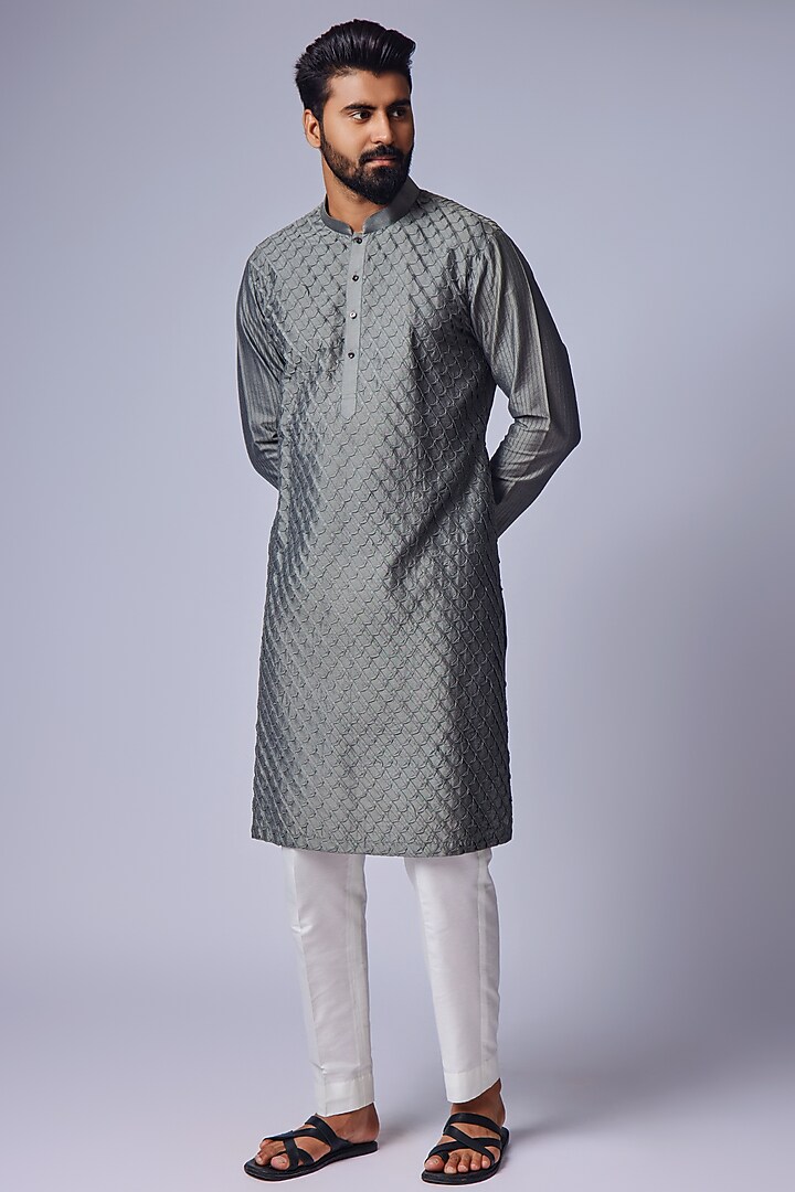 Grey Cotton Silk Kurta Set by Chatenya Mittal at Pernia's Pop Up Shop